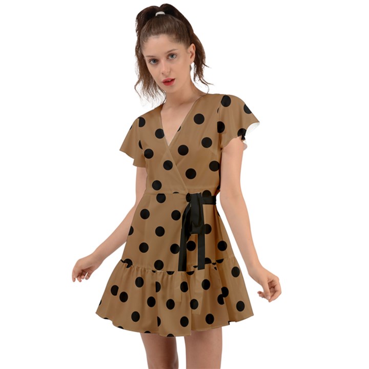 Large Black Polka Dots On Bone Brown - Flutter Sleeve Wrap Dress