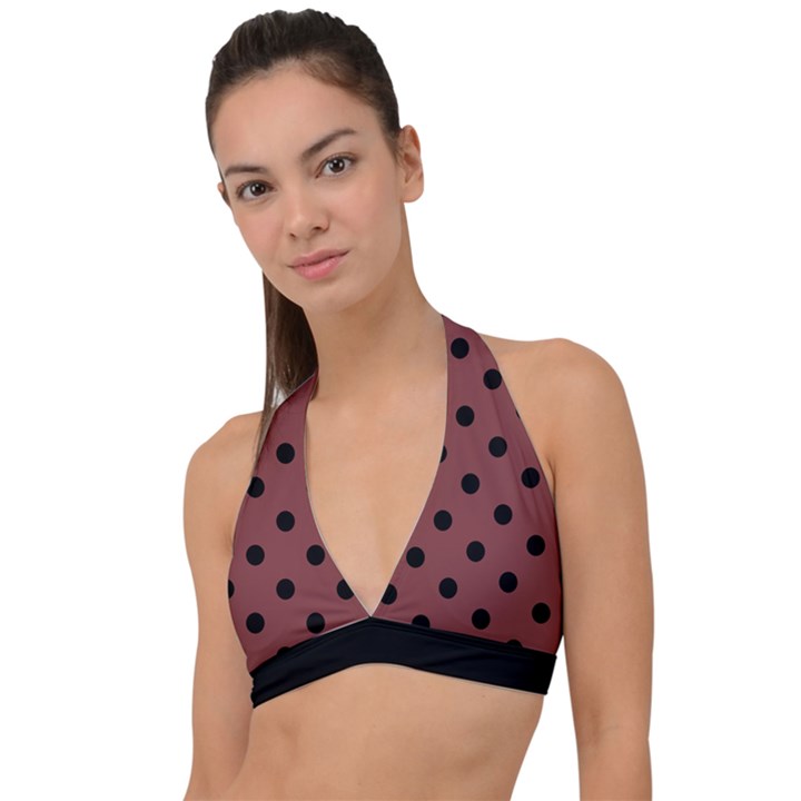 Large Black Polka Dots On Brandy Brown - Halter Plunge Bikini Top