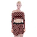 Large Black Polka Dots On Brandy Brown - Off Shoulder Top with Mini Skirt Set View1