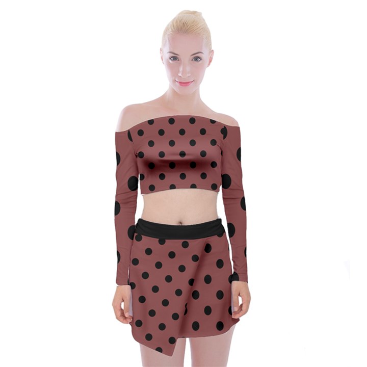 Large Black Polka Dots On Brandy Brown - Off Shoulder Top with Mini Skirt Set