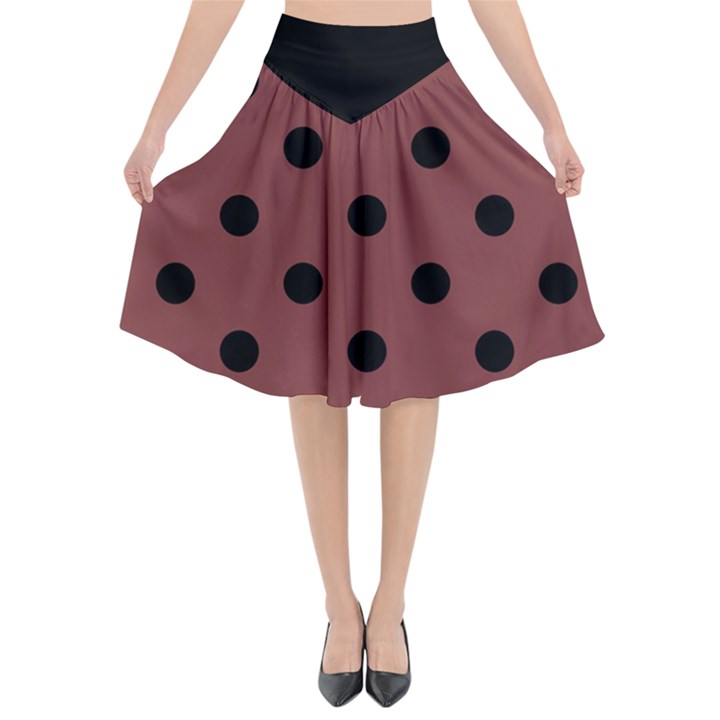 Large Black Polka Dots On Brandy Brown - Flared Midi Skirt