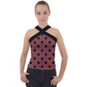 Large Black Polka Dots On Brandy Brown - Cross Neck Velour Top View1