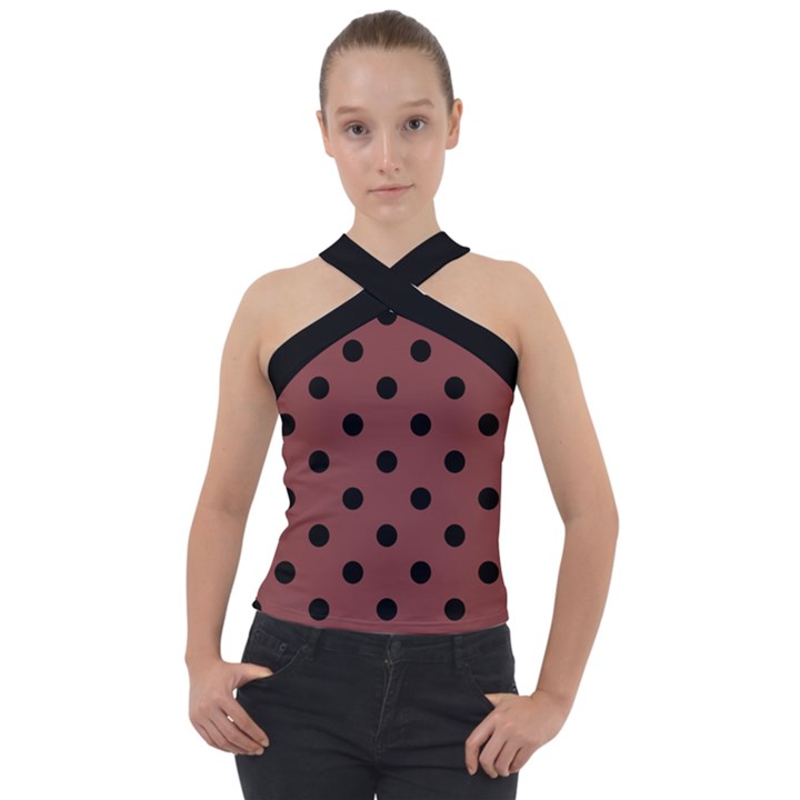 Large Black Polka Dots On Brandy Brown - Cross Neck Velour Top