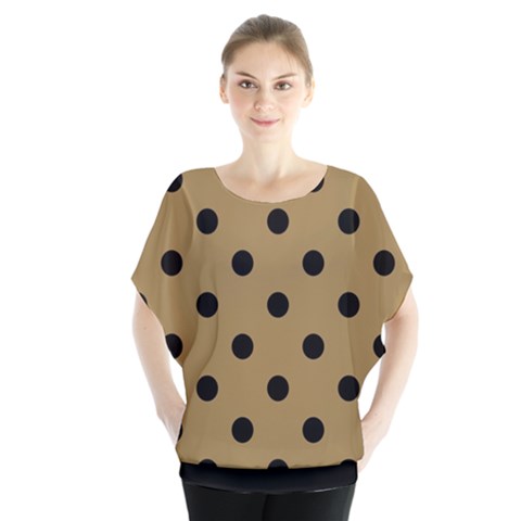 Large Black Polka Dots On Bronze Mist - Batwing Chiffon Blouse by FashionLane