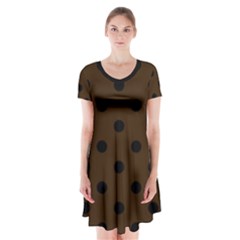 Large Black Polka Dots On Brunette Brown - Short Sleeve V-neck Flare Dress by FashionLane