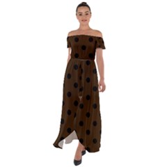 Large Black Polka Dots On Brunette Brown - Off Shoulder Open Front Chiffon Dress by FashionLane