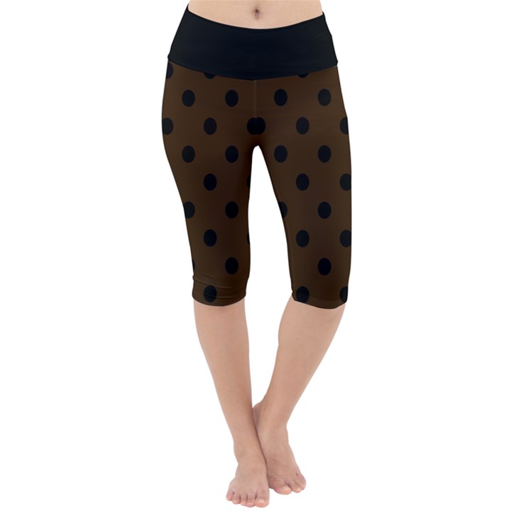 Large Black Polka Dots On Brunette Brown - Lightweight Velour Cropped Yoga Leggings