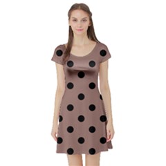 Large Black Polka Dots On Burnished Brown - Short Sleeve Skater Dress by FashionLane