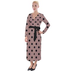 Large Black Polka Dots On Burnished Brown - Velvet Maxi Wrap Dress by FashionLane