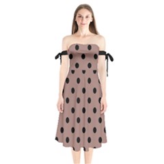 Large Black Polka Dots On Burnished Brown - Shoulder Tie Bardot Midi Dress by FashionLane