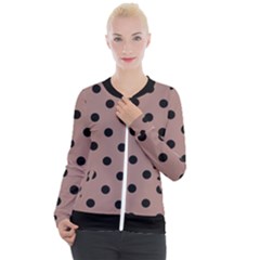 Large Black Polka Dots On Burnished Brown - Casual Zip Up Jacket by FashionLane