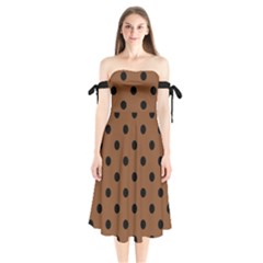 Large Black Polka Dots On Caramel Cafe Brown - Shoulder Tie Bardot Midi Dress by FashionLane