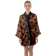 Large Black Polka Dots On Caramel Cafe Brown - Long Sleeve Satin Kimono by FashionLane