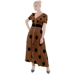 Large Black Polka Dots On Caramel Cafe Brown - Button Up Short Sleeve Maxi Dress by FashionLane