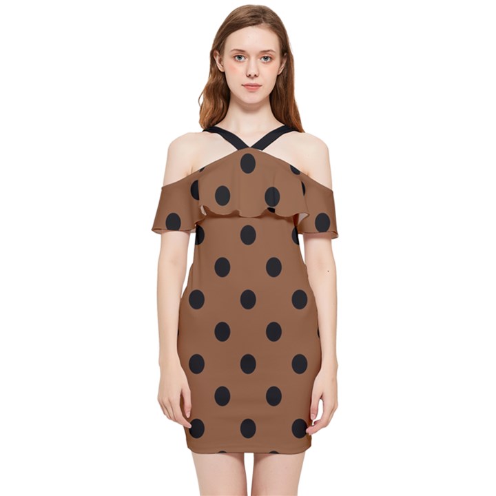 Large Black Polka Dots On Caramel Cafe Brown - Shoulder Frill Bodycon Summer Dress