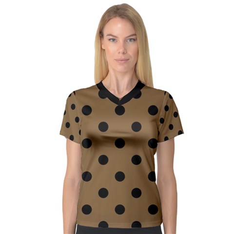 Large Black Polka Dots On Coyote Brown - V-neck Sport Mesh Tee by FashionLane