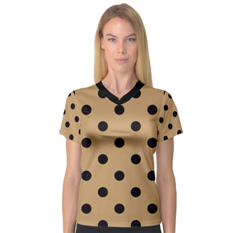 Large Black Polka Dots On Pale Brown - V-neck Sport Mesh Tee by FashionLane