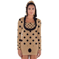 Large Black Polka Dots On Pale Brown - Long Sleeve Hooded T-shirt by FashionLane