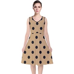 Large Black Polka Dots On Pale Brown - V-neck Midi Sleeveless Dress  by FashionLane