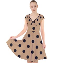 Large Black Polka Dots On Pale Brown - Cap Sleeve Front Wrap Midi Dress by FashionLane