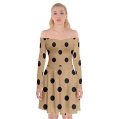 Large Black Polka Dots On Pale Brown - Off Shoulder Skater Dress by FashionLane