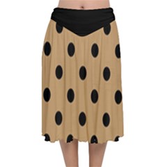 Large Black Polka Dots On Pale Brown - Velvet Flared Midi Skirt by FashionLane