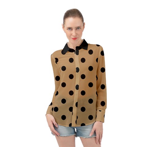 Large Black Polka Dots On Pale Brown - Long Sleeve Chiffon Shirt by FashionLane