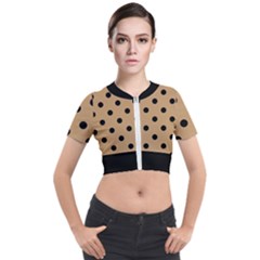 Large Black Polka Dots On Pale Brown - Short Sleeve Cropped Jacket by FashionLane