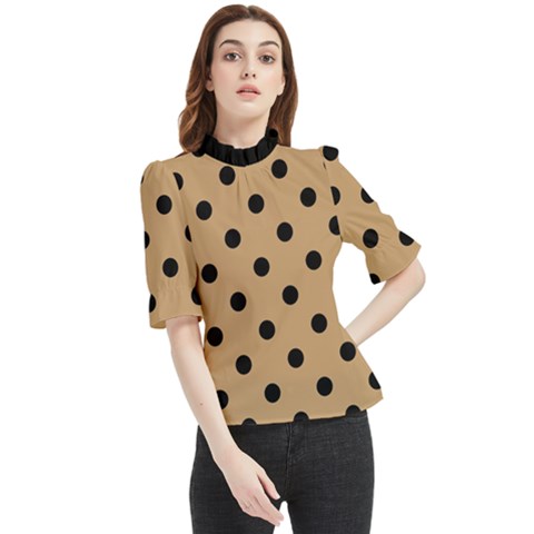 Large Black Polka Dots On Pale Brown - Frill Neck Blouse by FashionLane