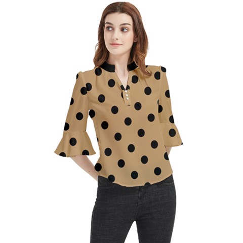 Large Black Polka Dots On Pale Brown - Loose Horn Sleeve Chiffon Blouse by FashionLane