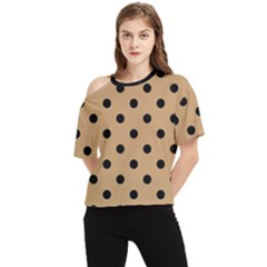 Large Black Polka Dots On Pale Brown - One Shoulder Cut Out Tee by FashionLane