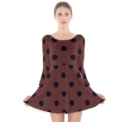 Large Black Polka Dots On Emperador Brown - Long Sleeve Velvet Skater Dress by FashionLane