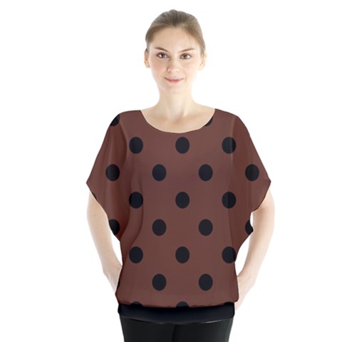 Large Black Polka Dots On Emperador Brown - Batwing Chiffon Blouse by FashionLane