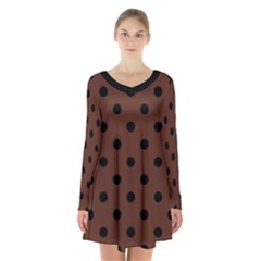 Large Black Polka Dots On Emperador Brown - Long Sleeve Velvet V-neck Dress by FashionLane