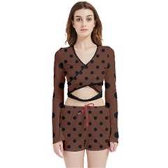 Large Black Polka Dots On Emperador Brown - Velvet Wrap Crop Top And Shorts Set