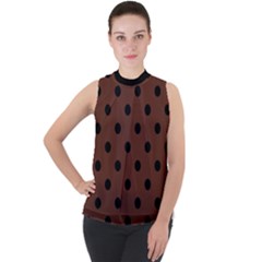 Large Black Polka Dots On Emperador Brown - Mock Neck Chiffon Sleeveless Top by FashionLane