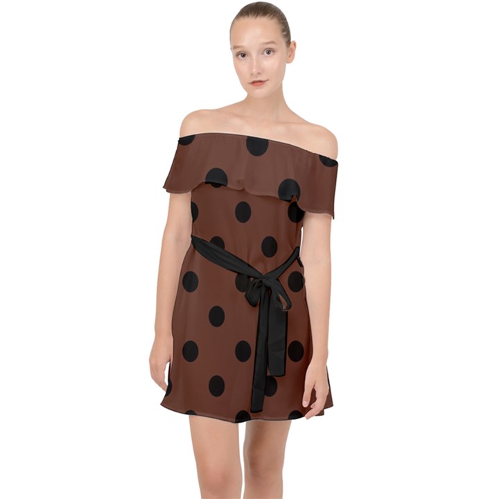 Large Black Polka Dots On Emperador Brown - Off Shoulder Chiffon Dress