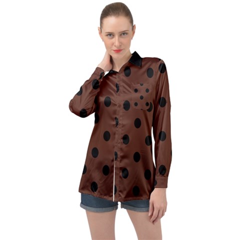 Large Black Polka Dots On Emperador Brown - Long Sleeve Satin Shirt by FashionLane