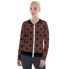 Large Black Polka Dots On Emperador Brown - Velvet Zip Up Jacket by FashionLane