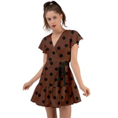 Large Black Polka Dots On Emperador Brown - Flutter Sleeve Wrap Dress by FashionLane