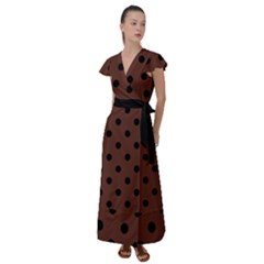 Large Black Polka Dots On Emperador Brown - Flutter Sleeve Maxi Dress by FashionLane