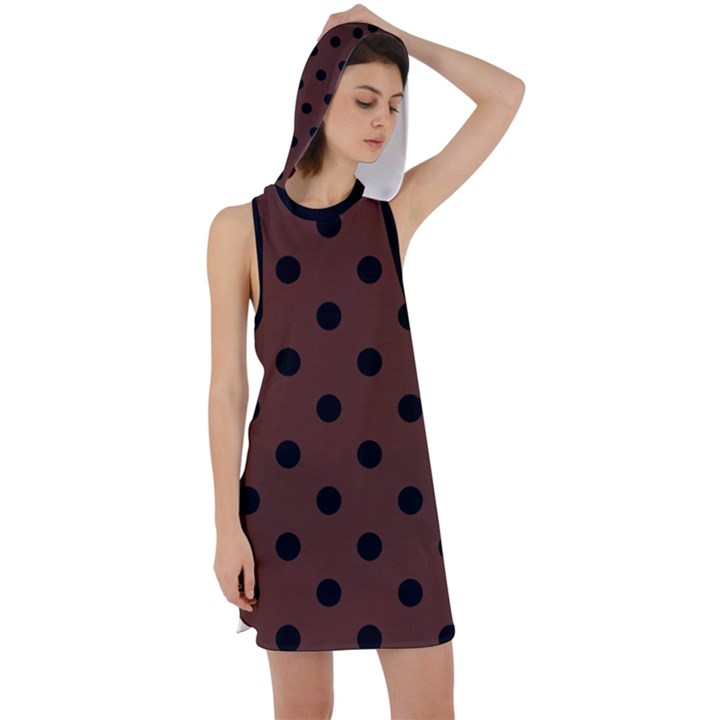 Large Black Polka Dots On Emperador Brown - Racer Back Hoodie Dress