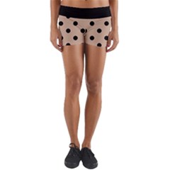 Large Black Polka Dots On Toasted Almond Brown - Yoga Shorts by FashionLane