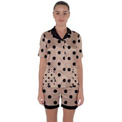 Large Black Polka Dots On Toasted Almond Brown - Satin Short Sleeve Pajamas Set by FashionLane