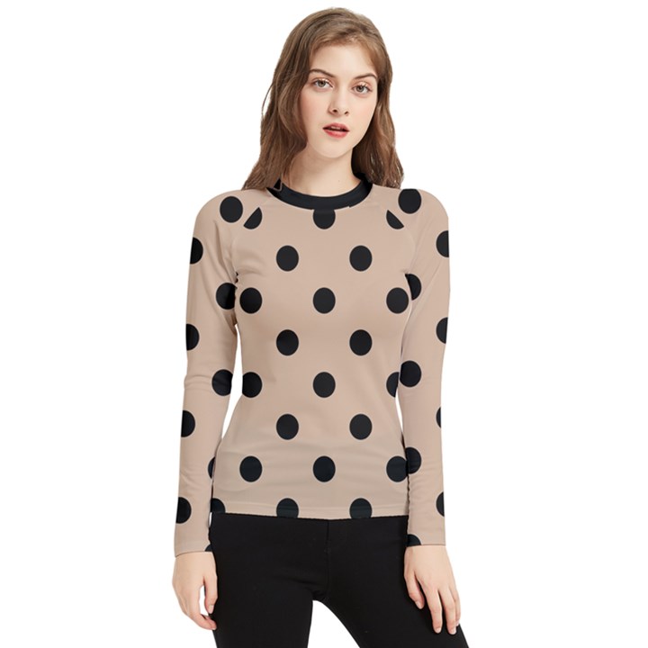 Large Black Polka Dots On Toasted Almond Brown - Women s Long Sleeve Rash Guard