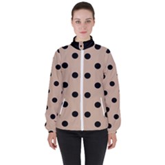 Large Black Polka Dots On Toasted Almond Brown - Women s High Neck Windbreaker by FashionLane