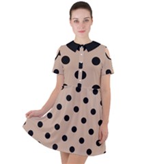 Large Black Polka Dots On Toasted Almond Brown - Short Sleeve Shoulder Cut Out Dress  by FashionLane