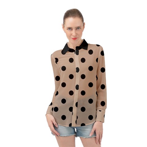 Large Black Polka Dots On Toasted Almond Brown - Long Sleeve Chiffon Shirt by FashionLane