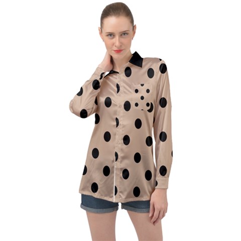 Large Black Polka Dots On Toasted Almond Brown - Long Sleeve Satin Shirt by FashionLane