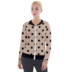 Large Black Polka Dots On Toasted Almond Brown - Velvet Zip Up Jacket by FashionLane